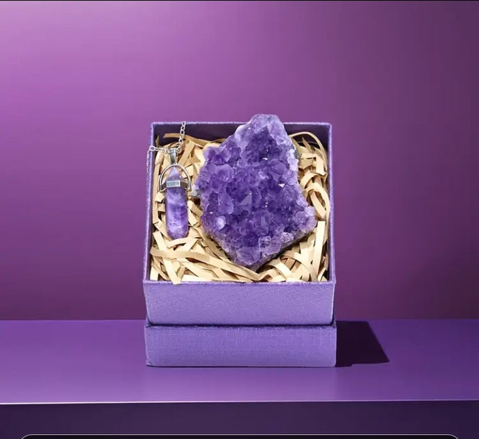 Coffret pendule et géode d'améthyste